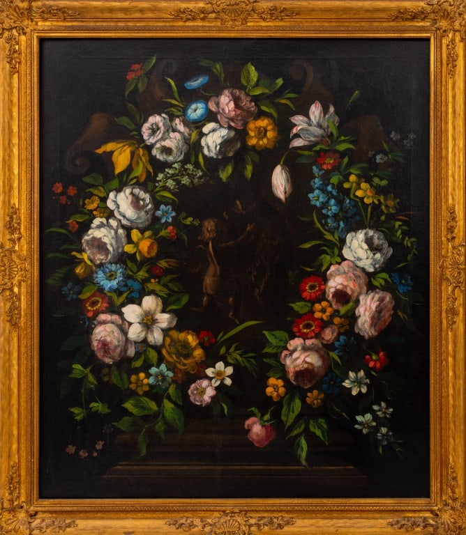 Baroque Style Floral Wreath & Cupid Oil on Canvas: Dutch Golden Age Style, Wreath of Flowers Surrounding Cupid Chasing a Butterfly, Oil on Canvas, circa nineteenth century, apparently unsigned, carved giltwood frame. Image: 25.75" H x 29.25" W; frame:
