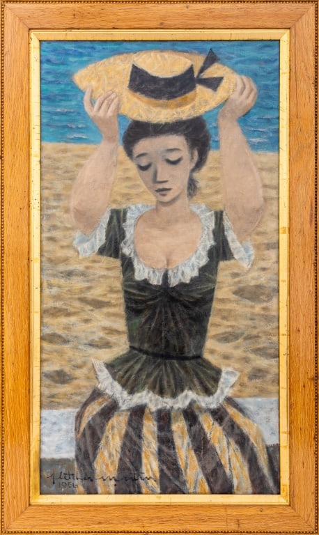 Fletcher Martin Woman by the Sea Oil on Canvas: Fletcher Martin (American, 1904-1979), Woman by the Sea, Oil on Canvas, 1956, signed and dated lower left, wood frame. Image: 30" H x 16" W; frame: 35" H x 21" W. Provenance: From a New York City Coll