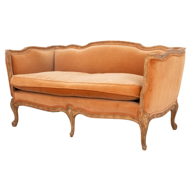 Louis XV Style Cerused Beech Wood Canape: French Louis XV Style Cerused Beechwood Canape, with peach-tone velvet upholstery. 30" H x 57.75" W x 28.5" D; seat: 17" H. Provenance: Property from the residence of the MacArthur family. Keywords: A