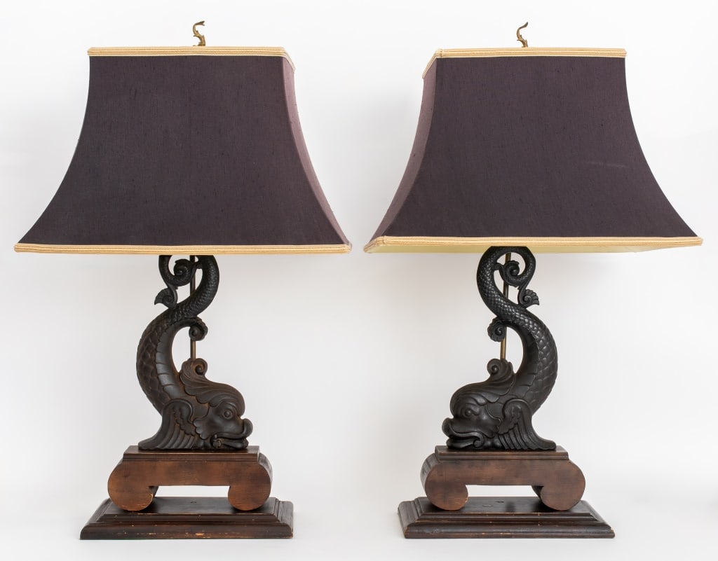 Wrought Iron Dolphin and Wood Lamps, Pair (1 of 9)