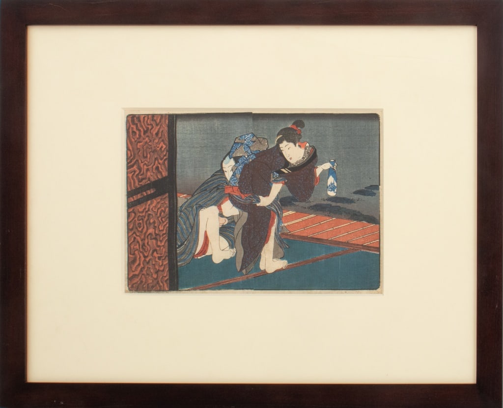 Utagawa Hiroshige "Maid with Sake Flask" Woodblock: Utagawa Hiroshige (Japanese, 1797-1858), "Maid with a Sake Flask", Shunga Woodblock Print in Colors, depicting erotic image of a couple, wood frame. Image: 8" H x 11.25" W; frame: 18" H x 22" W. Prove