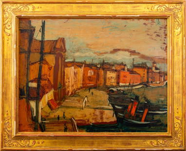 Eric Isenburger Attr. Untitled Oil on Board, 1931: Eric Isenburger (German/American, 1902-1994) Attributed, Untitled (Cityscape), Oil on Board, 1931, signed and dated lower left, giltwood frame. Image: 19.25" H x 24.75" W; frame: 25.75" H x 31.75" W.