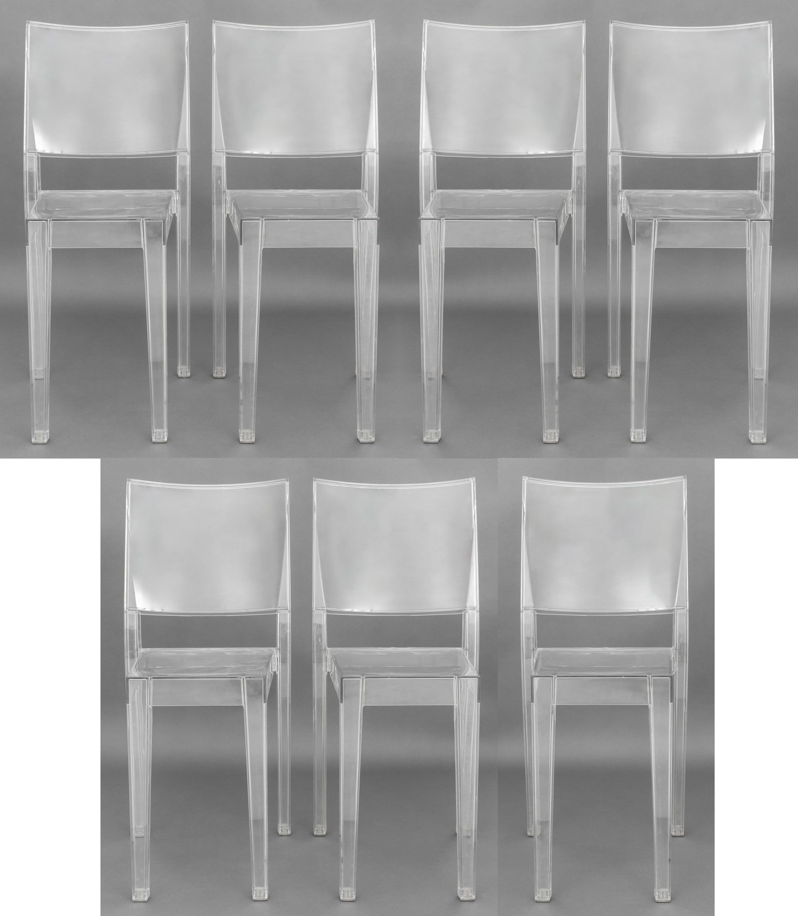 Philippe Starck for Kartell "La Marie" Chairs, 7: Set of Seven Philippe Starck for Kartell "La Marie" Clear Acrylic Chairs, marked "LA MARIE by STARCK for KARTELL / made in Italy" to reverses. 33" H x 15.25" W x 16" D; seat: 18.75" H. Provenance: Fro