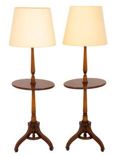 Sheraton Style Standing Lamp Tables: Thomas Sheraton (English, 1751-1806) Style Standing Lamp Tables, the lights supported by a reeded shaft bisected with an oval marquetry table, beneath, the reeded column issuing a tripodal stand upon