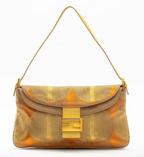 Fendi Orange & Gold-Tone Yellow Leather Handbag: Fendi Orange and Gold-Tone Leather Handbag, with magnetized double-F logo closure, marked "Fendi / Made in Italy" on interior lining featuring one side compartment with serial number "2211 26796 018"