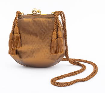 Judith Leiber Bronze-Tone Karung Handbag: Judith Leiber Bronze-Tone Karung Handbag, with robe strap and tassels, together with a gold-tone metal comb, gold-tone metal reversible pocket mirror, and a silk coin purse, comb and mirror marked