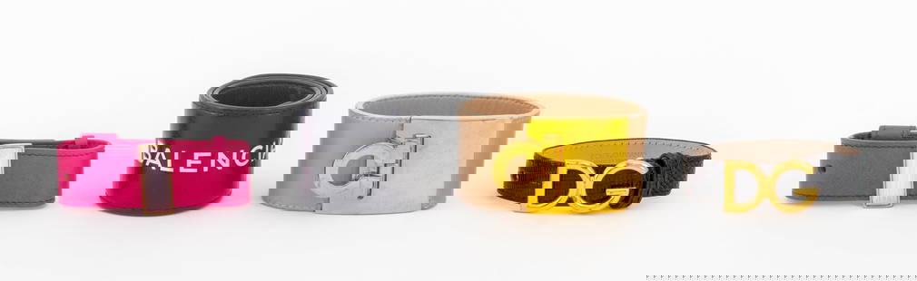 Fashion Designer Leather Bracelets, 4: Group of Four Fashion Designer Leather Bracelets comprising: a Balenciaga black leather slap on bracelet with white logo marked "Made in Italy" to inside, a Salvatore Ferragamo beige leather with