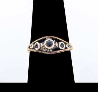 14K Yellow & White Gold Blue Sapphire Ring: 14K Yellow and White Gold Blue Sapphire Ring, featuring three bezel set round blue sapphires in 14K white gold, weighing a total of approx. 0.19 carat, marked: "14K" with maker's mark. Measuring