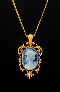 10K Tri-Color Gold Cameo Pendant Necklace: 10K Tri-Color Gold Detachable Cameo Pendant Necklace, chain necklace joined with spring ring clasp, marked: "C Co. 10K" (pendant) and "10K F" (chain). Measuring approx. 22" x 1 1/4" x 3/4", 3.2 dwt.