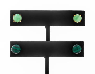14K Yellow Gold Jade & Malachite Stud Earrings: 14K Yellow Gold Jade and Malachite Stud Earrings, first pair featuring two round jade cabochons weighing a total of approx. 4.00 carats, second pair featuring two round malachite beads approx. 8.0 -