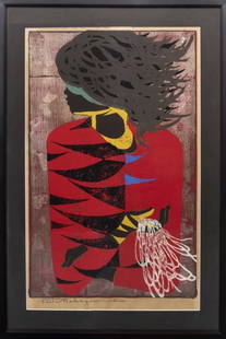 Tadashi Nakayama Portrait of a Woman Woodblock: Tadashi Nakayama (Japanese, 1927-2014), Portrait of a Woman, Woodblock in Colors, 1957, depicting stylized portrait of female figure with head turned in profile, signed and dated lower left. Image: