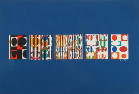 Yaacov Agam "Polymorphy" Color Serigraph: Yaacov Agam (Israeli, b. 1928), "Polymorphy", Serigraph in Colors, 1961, with kinetic composition in five parts on blue ground, signed lower right, numbered edition "112/180" lower left, unframed.
