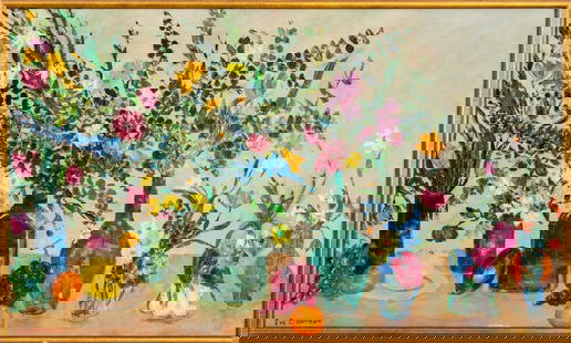 Eve Dawson Floral Still Life Scene Oil on Canvas: Eve Dawson (British, XX), Floral Still Life Scene, Oil on Canvas, signed lower left, giltwood frame. Image: 28.75" H x 48.75" W; frame: 31.25" H x 51.25" W. Keywords: Paintings, English Art, Flowers,