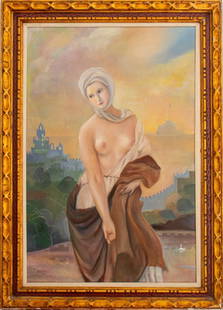 Bruckner Leda and the Swan Oil on Canvas: Bruckner (XX), Leda and the Swan, Oil on Canvas, marked "Bruckner for Anna Maria", giltwood frame. Image: 36" H x 23.5" W; frame: 42.5" H x 30.75" W. Provenance: From a New York City Collection.