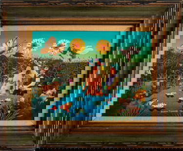 Bogdan Miscevic Untitled Oil on Board, 1974: Bogdan Miscevic Yugovic (Yugoslavian/American, b. 1936), Untitled, Oil on Board, 1974, signed and dated lower center and with artist's label to verso, wood frame. Image: 11.5 H x 15.25" W; frame: