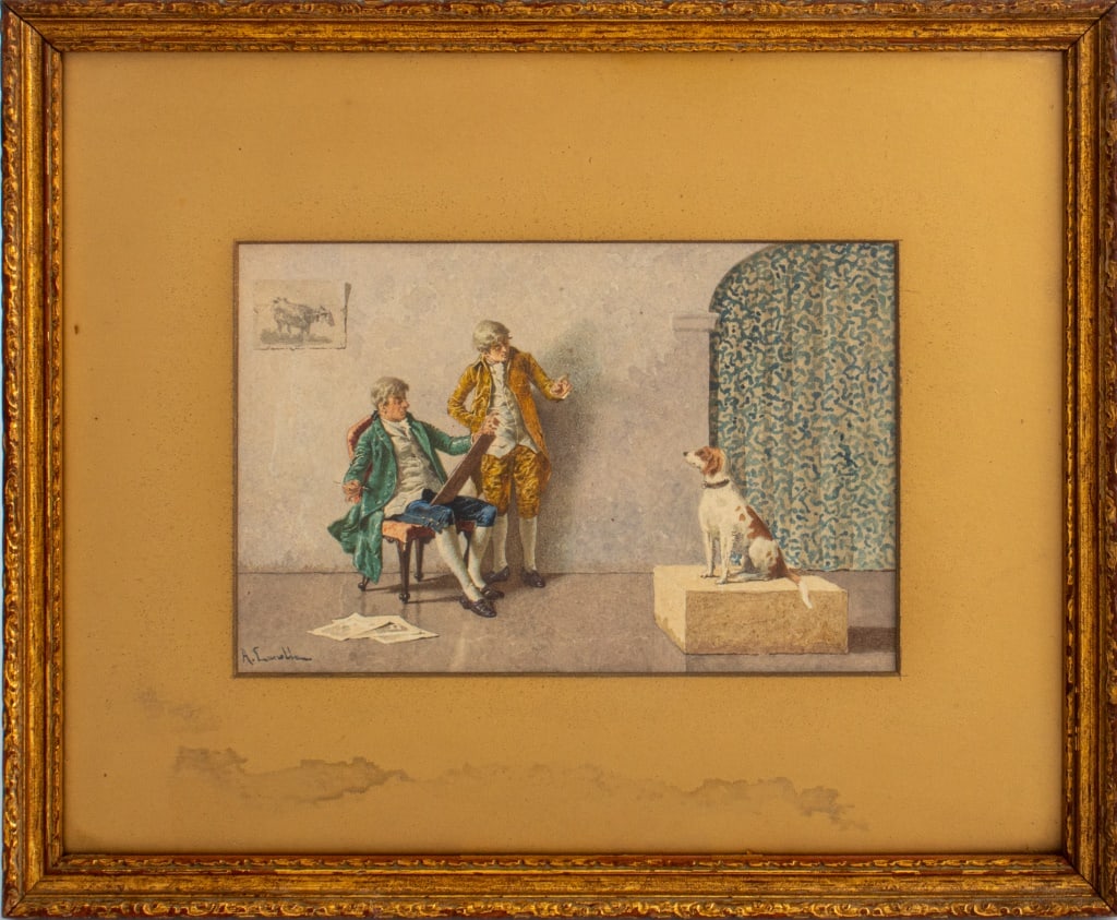 Antonio Canella "The Patient Sitter" Watercolor: Antonio Canella (Italian, 1849-1922), "The Patient Sitter", Watercolor on Paper, signed lower left, inscribed to verso, giltwood frame. Image: 4" H x 6.25" W; 8.75" H x 10.75" W. Provenance: From a Ch
