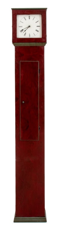 Shaker Style Painted Tall Case Grandfather Clock: Shaker Style Painted Grain Tall Case Clock, 20th century, painted red and black with battery operated clock face, apparently unmarked. 73" H x 12.5" W x 8.25" D. Provenance: From the 50 East 89th Stre