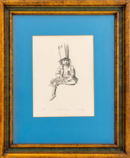 Sheldon Fink "The Paper Crown" Lithograph: Sheldon "Shelly" Fink (American, 1925-2002), "The Paper Crown", Lithograph, signed in pencil, titled, and numbered edition "50/125". Image: 12.25" H x 9.25" W; frame: 23.5" H x 19.5" W. Provenance: Fr
