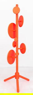 Tom Dixon Modern Minimalist Peg Coat Stand: Tom Dixon (British, b. 1959) Modern Minimalist Peg Coat Stand, neon orange painted wood, apparently unmarked. 70.5" H x 26" Diameter. Provenance: Property from the estate of a Brooklyn collector of fa