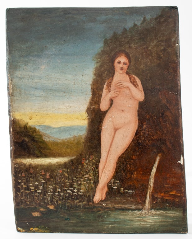 French School Nude Woman Oil on Board, 19th C.: French School, Standing Nude Woman, Oil on Wood Board, 19th century. 12" H x 9" W. Provenance: Property from an estate located at 160 E 65th Street. Keywords: Painting, Antique, Landscape, Lady, Venus