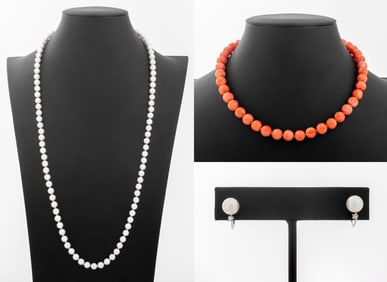 Cultured Pearl Coral Necklace & Earrings Set