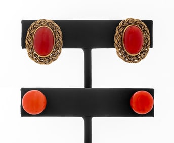 14K Yellow Gold Red Coral Earring Set