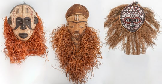 Group of Carved Wood and Raffia African Masks, 3