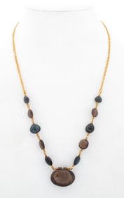 14K Yellow Gold Smoky & Blue Quartz Bead Necklace
