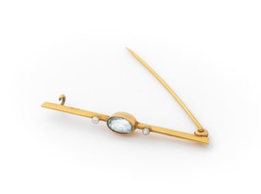 14K Yellow Gold Aquamarine Pearl Brooch