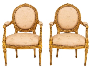 Louis XVI Style Giltwood Fauteuils, Pair