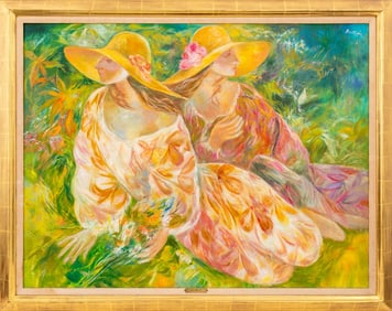 Jorge Rollan Two Women in Sun Hats Oil on Canvas