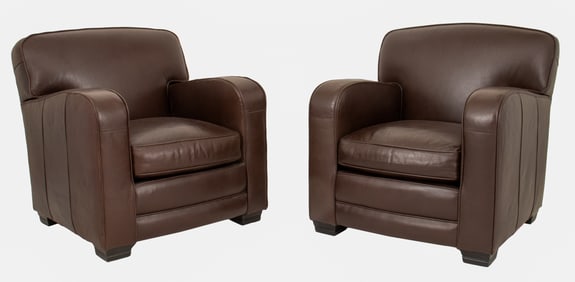 Art Deco Style Dark Brown Leather Club Chairs, 2