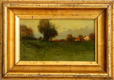 Illegibly Signed Farmhouse Landscape Oil on Board