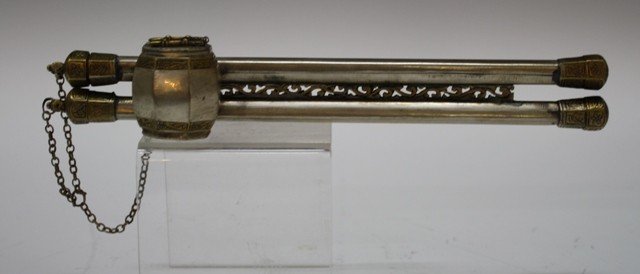 Ottoman Empire Metal Inkwell w/ Quill Holder: Antique metal inkwell with a double quill or pen holder, floral designs on each end with an intertwining vine motif between pen holders, Ottoman Empire; unmarked. Dimensions: 9-1/4"L x 1"W