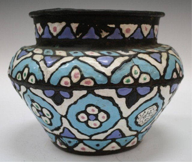 Large Syrian Urn Vessel w/ Enamel Floral Designs: Large antique Islamic metal vessel or bowl with purple, white, pink and blue enameled designs, Syria; marked. Dimensions: 8"H x 10-1/2" diameter