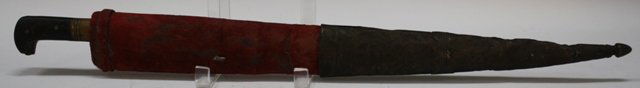 Islamic Ottoman Dagger & Sheath poss. 18th C.: Antique Islamic Ottoman dagger or knife with decorated metal and red cloth sheath, possibly eighteenth century; unmarked. Dimensions: 18-1/2"L x 2"W (guard).
