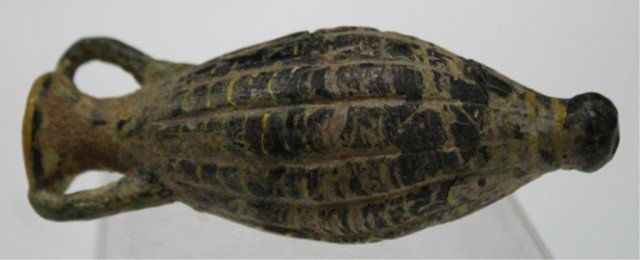 Small Ancient Roman Amphora Mosaic Glass Vase: Small ancient Roman amphora mosaic glass vase; unmarked. Dimensions: 4"L x 1-1/2"W