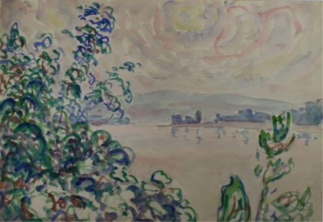 Watercolor Foliage by River American Allen Tucker: Foliage by River", by Allen Tucker (American, 1866-1939), watercolor on paper, 1937; signed "Allen Tucker 1937" lower left. Dimensions: 14" x 20