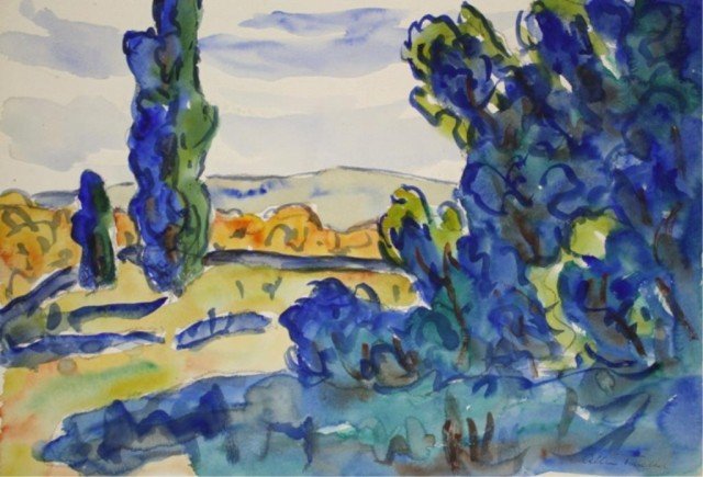 St. Louis Landscape Watercolor American A. Tucker: St. Louis Landscape with Bluish Shrubbery", by Allen Tucker (American, 1866-1939), watercolor on paper; signed "Allen Tucker" lower right. Dimensions: 13-3/4" x 19-3/4