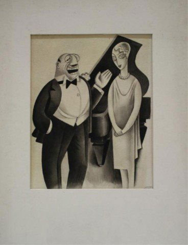 Mexican Ink on Paper by Miguel Covarrubias: "The self appointed master of ceremonies introducing the girl who sings on the ship's concert", by Miguel Covarrubias (Mexican, 1902-1957), ink on paper; stamped "Benjamin West Society #869" lower rig