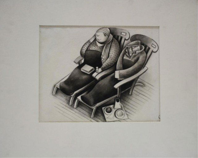 Mexican Ink on Paper by Miguel Covarrubias: "Midday Siesta at Sea", by Miguel Covarrubias (Mexican, 1902-1957), ink on paper; stamped "Benjamin West Society #745" lower right; stamped "Collection F. Crowninshield" [developer and editor of Vanit