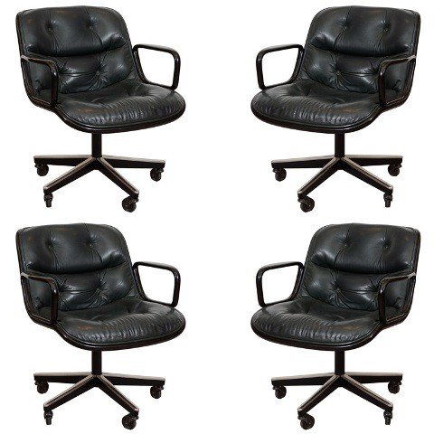 Mid Century Set 4 Knoll Executive Chairs Pollock: A vintage set of four Knoll Executive chairs by Charles Pollock, each swivels and has leather upholstered cushions and casters, United States, 1960s. Dimensions: 32"H x 30"D x 26"W