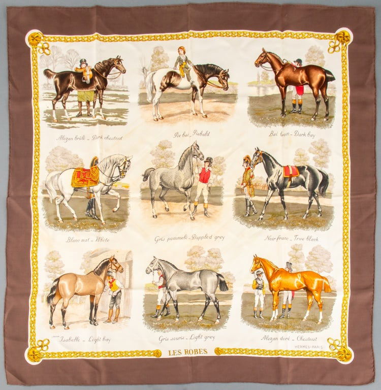 Hermes "Les Robes" Silk Twill Scarf: Hermes "Les Robes" Square Silk Twill Scarf, brown ground, marked "Hermes - Paris" lower right. 34" L x 34" W. Provenance: From a 575 Park Avenue Estate. Keywords: Apparel, Fashion, Designer, French de