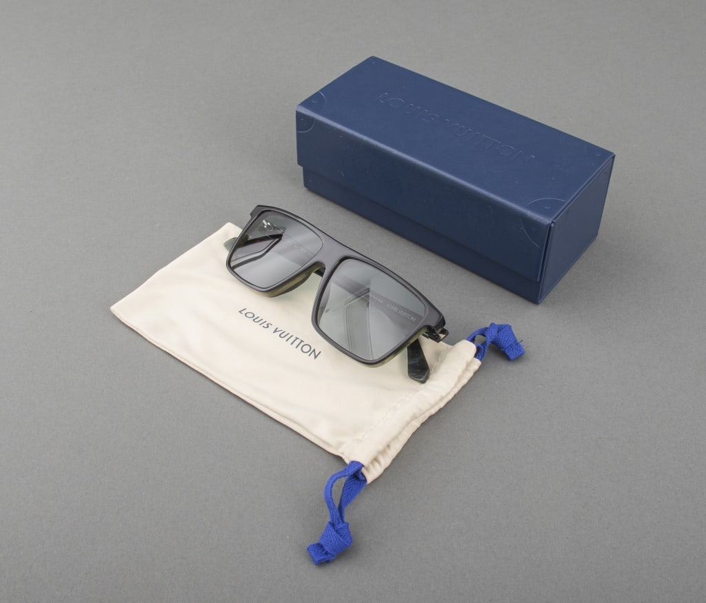 Louis Vuitton Mottled Green & Black Sunglasses: Louis Vuitton Mottled Green and Black Resin Sunglasses, etched "LOUIS VUITTON" to one lens, marked "LV" outside and "Made in Italy / Z1273W 93L 59 14 150" inside temple frame arms, together with origi