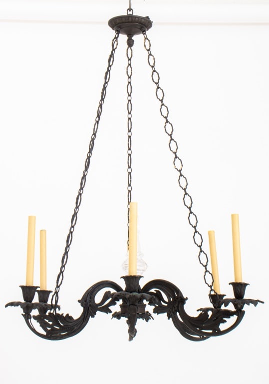 Italian Patinated Metal Six-Light Chandelier: Italian Patinated Metal Six-Light Chandelier, with floral and pinecone accents. 40.5" H x 32.5" Diameter. Provenance: From a New York City Collection. Keywords: Lighting, Fixture, Hanging pendant lamp
