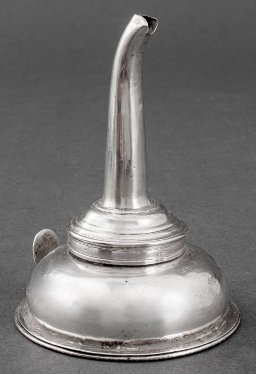George III Sterling Silver Wine Funnel, 18th C.: George III Sterling Silver Wine Funnel, struck to rim with maker's mark of Hester Bateman, London, 18th century, in three parts. Weight: 3.15 ozt.; 4.25" H x 3.25" Diameter. Provenance: From a New Yor