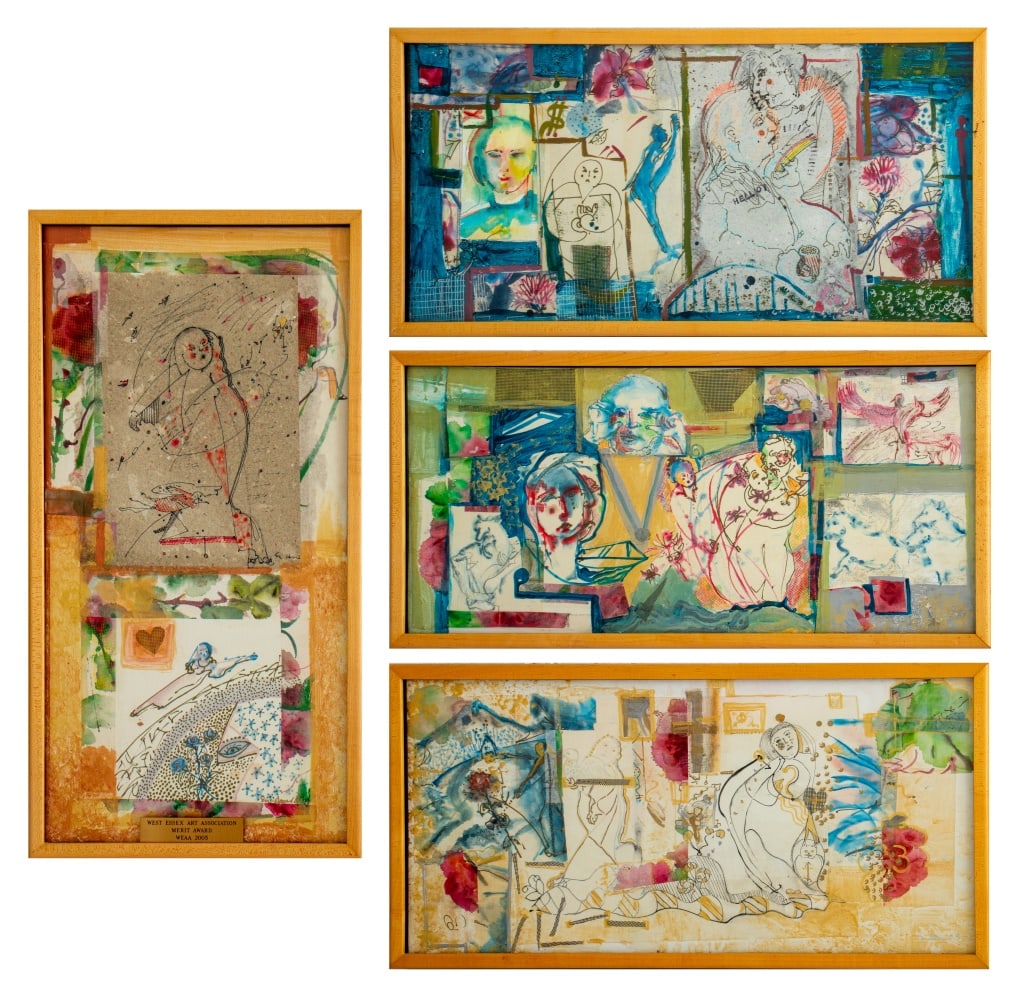 Eva Bouzard-Hui Mixed Media Collages, 4: Eva Bouzard-Hui (American, 1936-2023) Four Mixed Media Collages, comprising: "The Dance", signed top and lower right, West Essex Art Association Merit Award plaque to frame and label to verso, "The Re