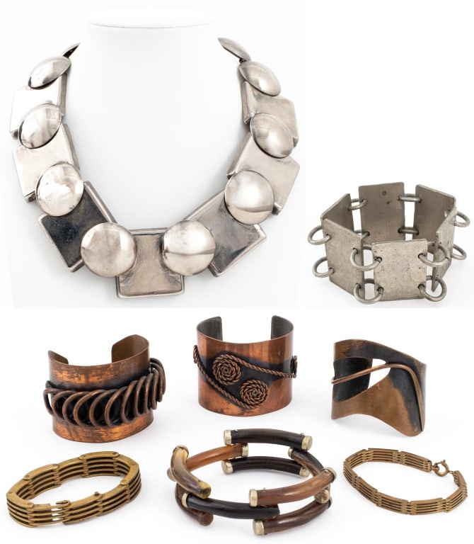 Francisco Rebajes, Etc. Mixed Metal Jewelry, 8: Group of Eight Mixed Metal Jewelry Pieces, comprising: two brass link bracelets, a silver-tone choker necklace, three copper cuffs, one signed "Rebajes", a horn bracelet, and silver-tone chain link br