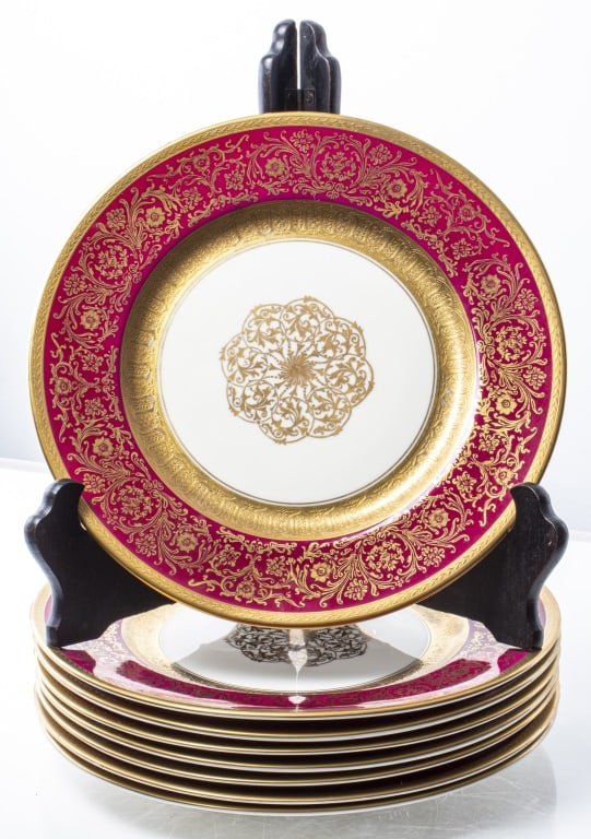 Edgerton Gilt Porcelain Dinner Plates, 8: Set of Eight Edgerton Porcelain Dinner Plates, with cranberry rims and gilt floral and foliate motif decoration, maker's marks underside. 10.5" Diameter. Provenance: From a New York City Collection. K