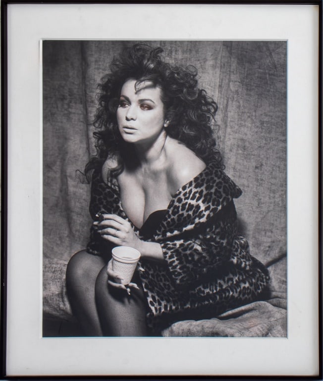 Portrait of a Woman Gelatin Silver Print, 20th C.: Portrait of a Woman with Coffee and Cigarette, Gelatin Silver Print, 20th Century, apparently unsigned, black metal frame. Image: 19" H x 15.5" W; frame: 24" H x 20.5" W. Provenance: From a Manhattan 